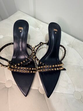 ZARA Black Pointed Stud-Embellished Strappy Mule Heels